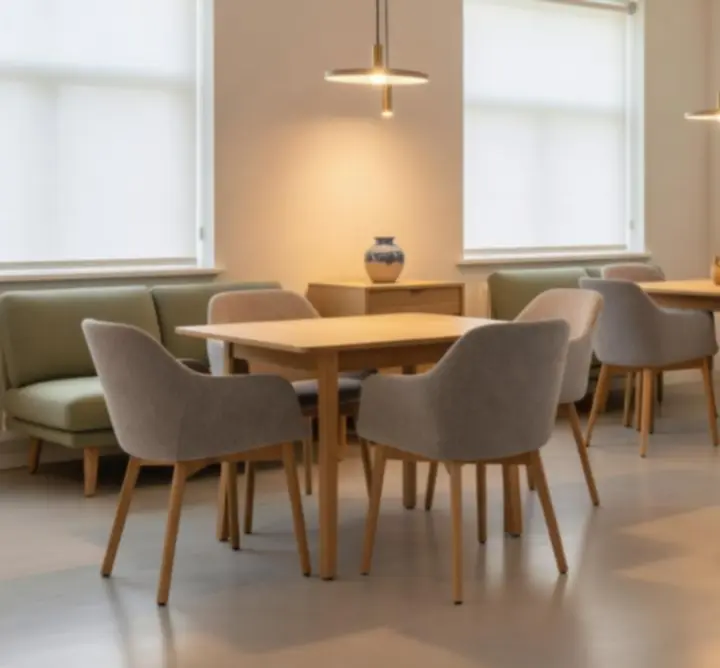 Sfeervolle moderne indoor eventruimte met flexibele opstelling voor groepen.