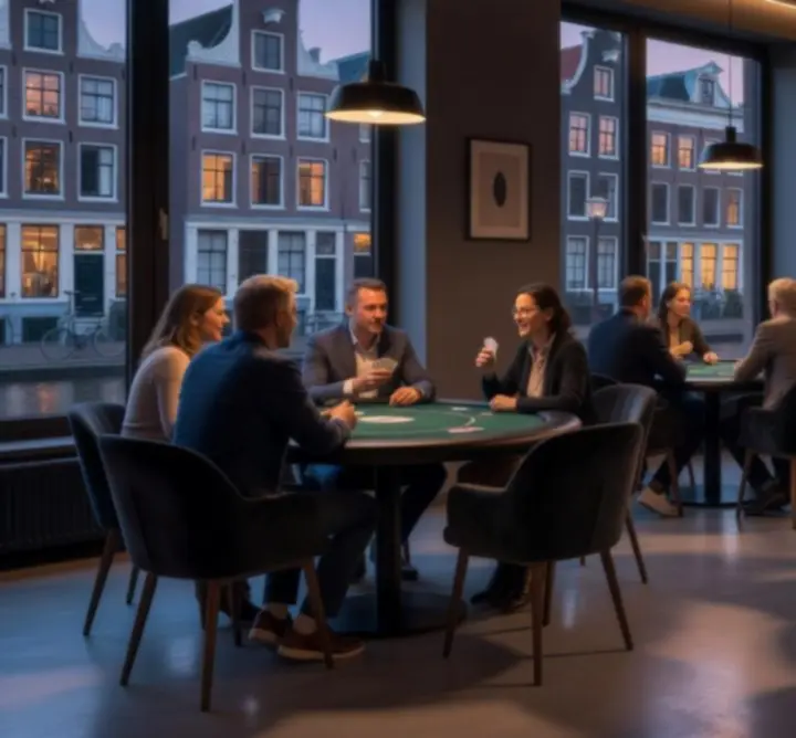 Moderne pokeropstelling in de indoor ruimte van Anna Wójcik-Wojeńska Nartnik Pool met spelers aan tafel