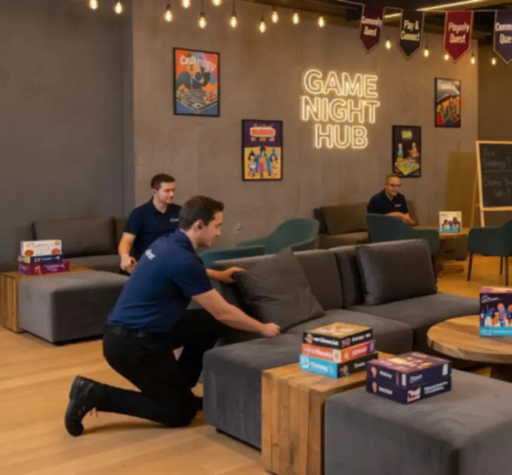 Opbouw van een moderne, sfeervolle indoor eventruimte met spel- en zithoeken