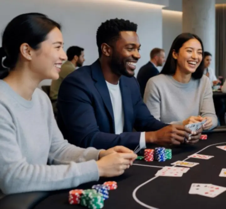 Vriendengroep aan een pokertafel in een gezellige indoor setting.