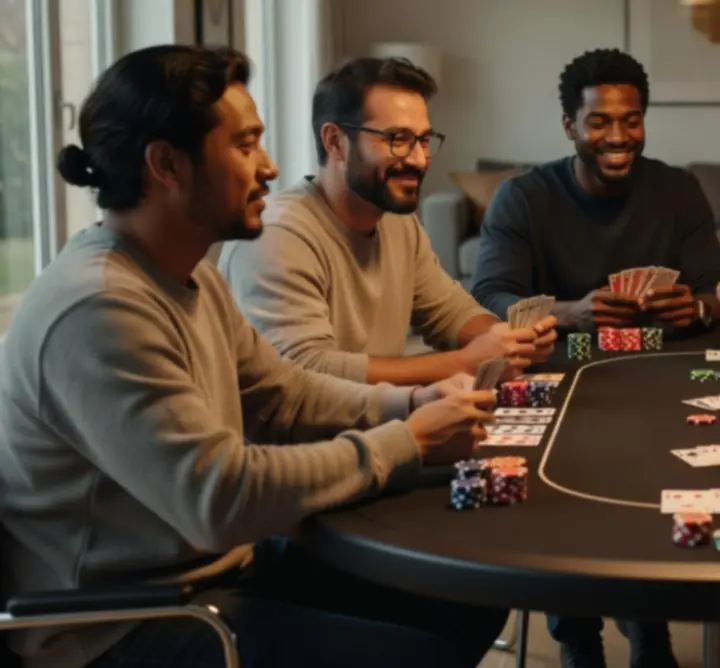 Groep mensen rond een pokertafel in een sociale, ontspannen sfeer